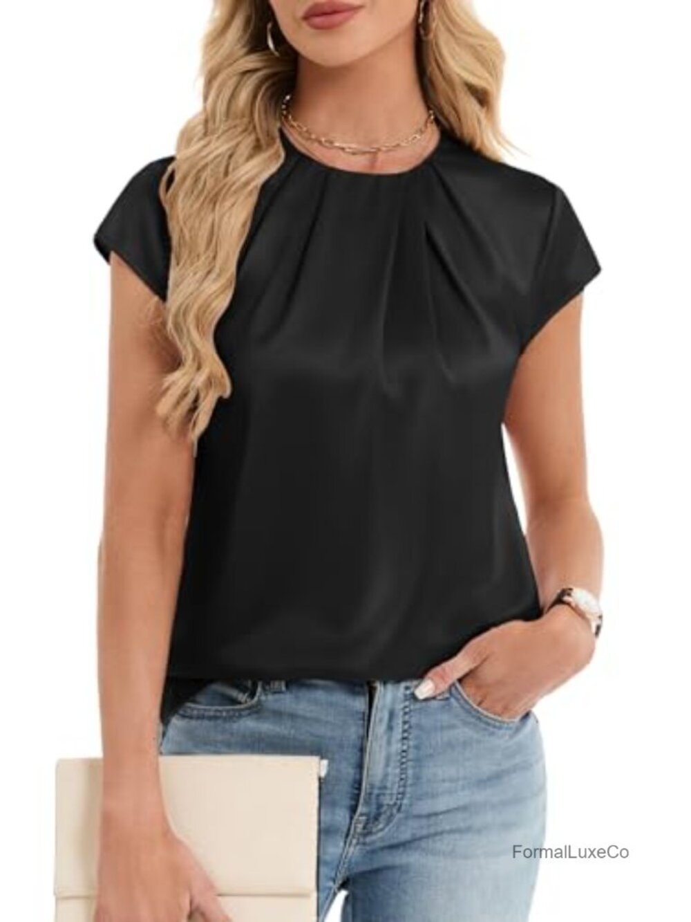 Satin Silk Blouse Cap Sleeve Pleated Front Work Top
